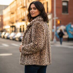 CUPIO Women's Faux Fur Cropped Jacket Coat Animal Soft Plushy Animal Print Spots
